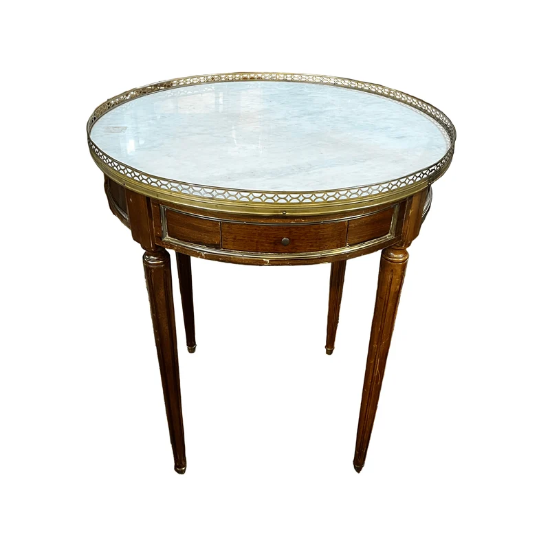 Louis XVI style mahogany and grey veined white marble bouillotte table