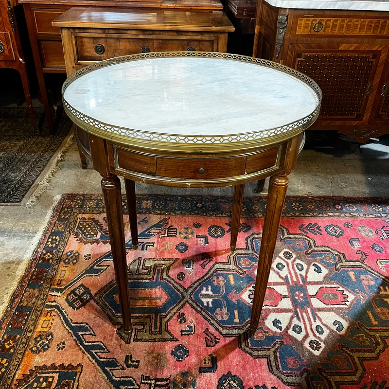 Louis XVI style mahogany and grey veined white marble bouillotte table