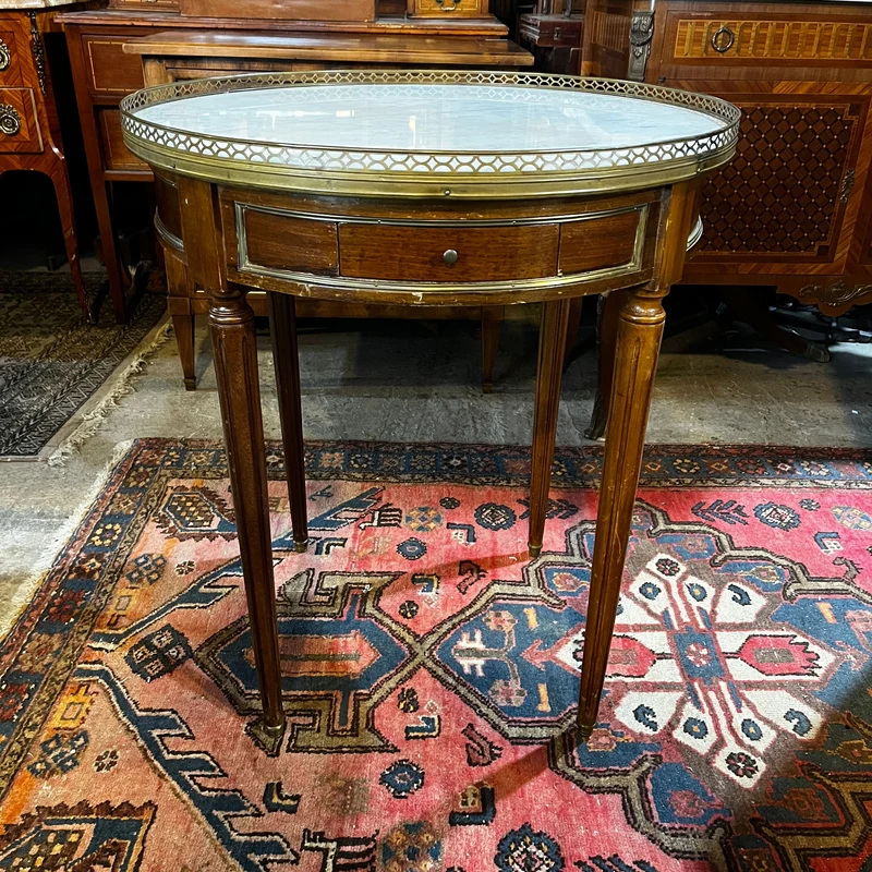Louis XVI style mahogany and grey veined white marble bouillotte table