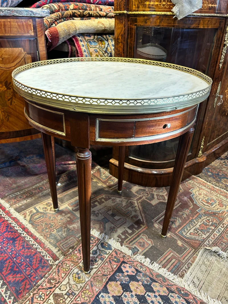 Louis XVI style mahogany and grey veined white marble bouillotte table