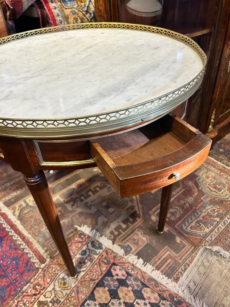 Louis XVI style mahogany and grey veined white marble bouillotte table