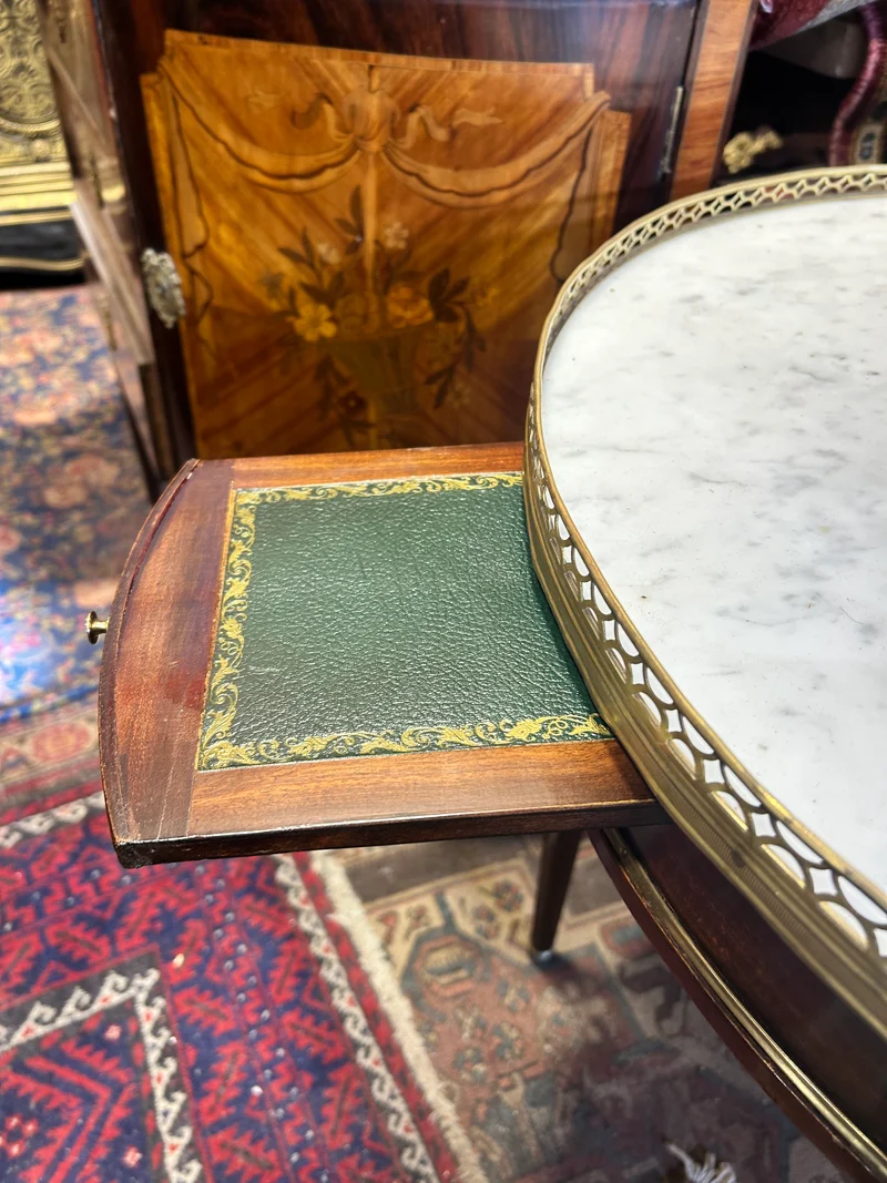 Louis XVI style mahogany and grey veined white marble bouillotte table