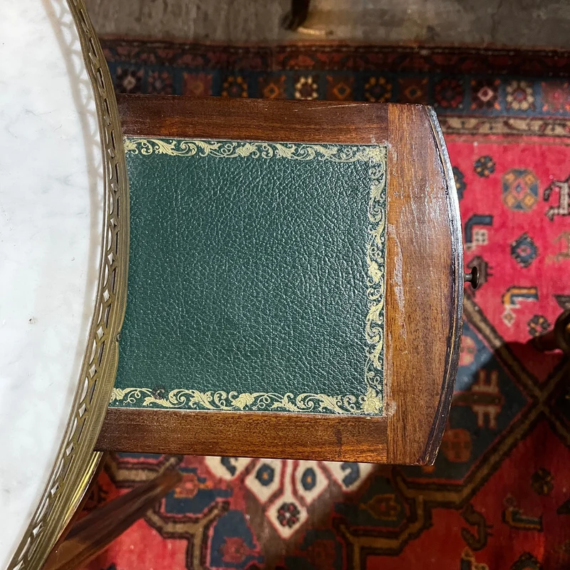 Louis XVI style mahogany and grey veined white marble bouillotte table