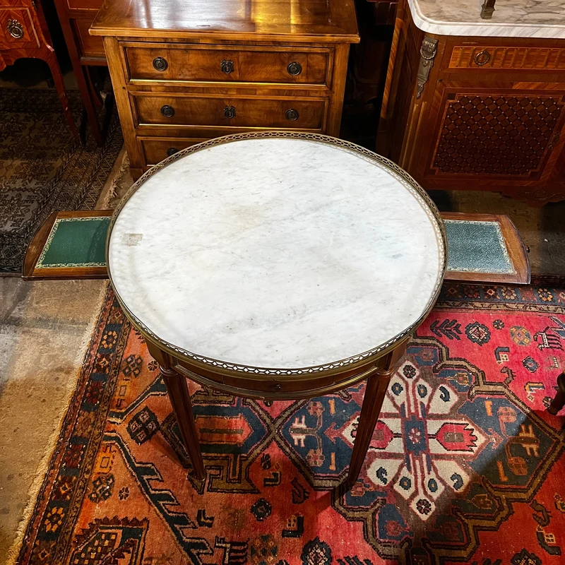 Louis XVI style mahogany and grey veined white marble bouillotte table