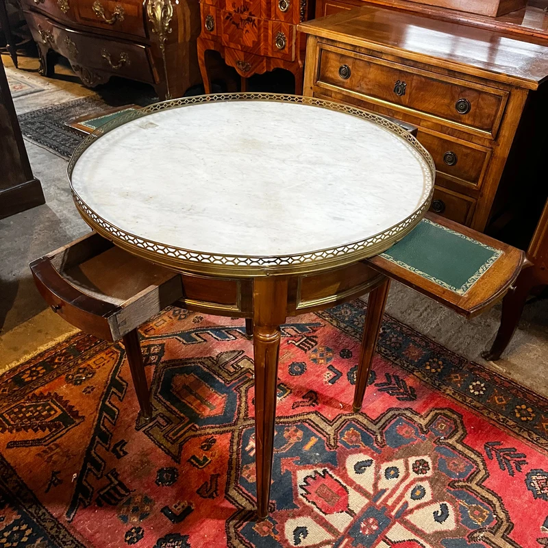 Louis XVI style mahogany and grey veined white marble bouillotte table