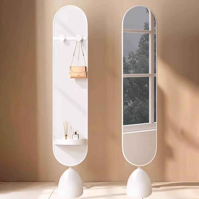 Modern Minimalist Iron Plastic Glass Oval Swivel Full-Length Floor Mirror With Storage & Clothing Rack For Bedroom & Living Room