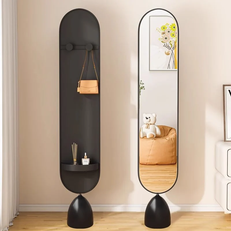 Modern Minimalist Iron Plastic Glass Oval Swivel Full-Length Floor Mirror With Storage & Clothing Rack For Bedroom & Living Room