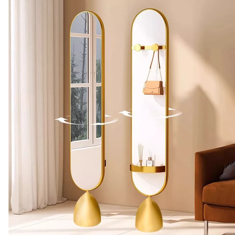 Modern Minimalist Iron Plastic Glass Oval Swivel Full-Length Floor Mirror With Storage & Clothing Rack For Bedroom & Living Room