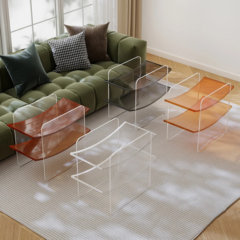 Modern Minimalist Acrylic Double U Side Table 2-Tier Open Shelving For Living Room Bedroom Balcony
