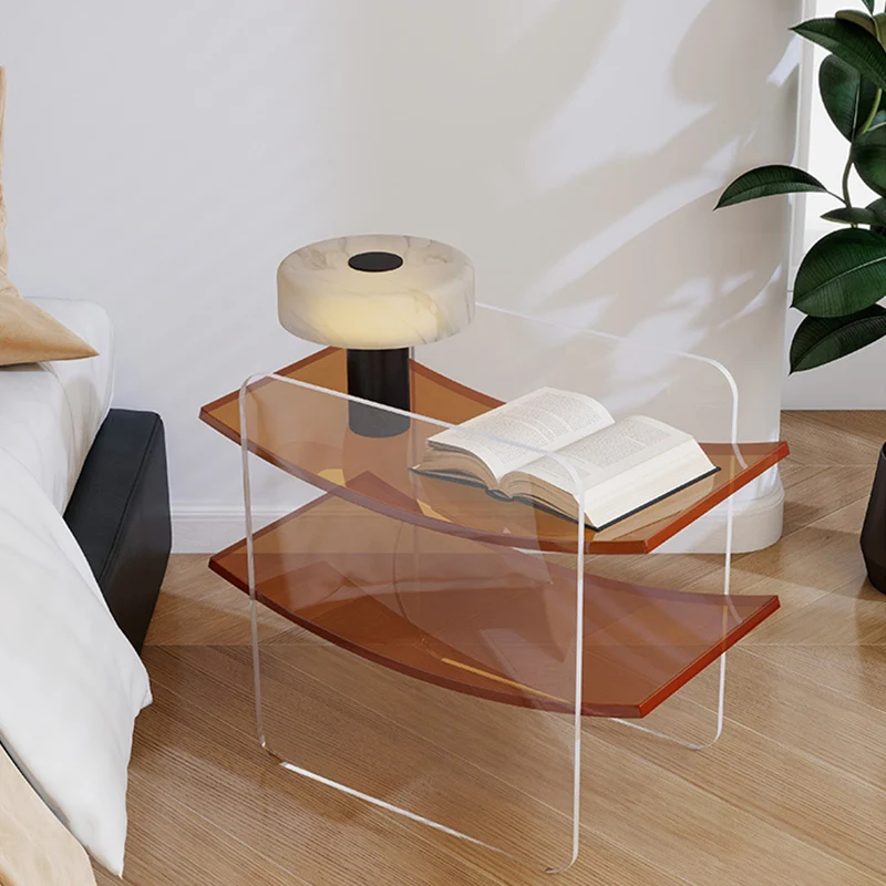 Modern Minimalist Acrylic Double U Side Table 2-Tier Open Shelving For Living Room Bedroom Balcony