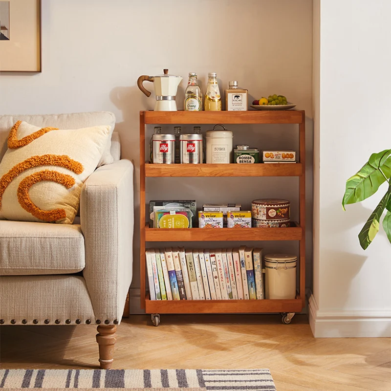 Contemporary Retro Rubberwood Metal Rectangular Narrow Storage Shelf With Wheels 4-Tier For Living Room