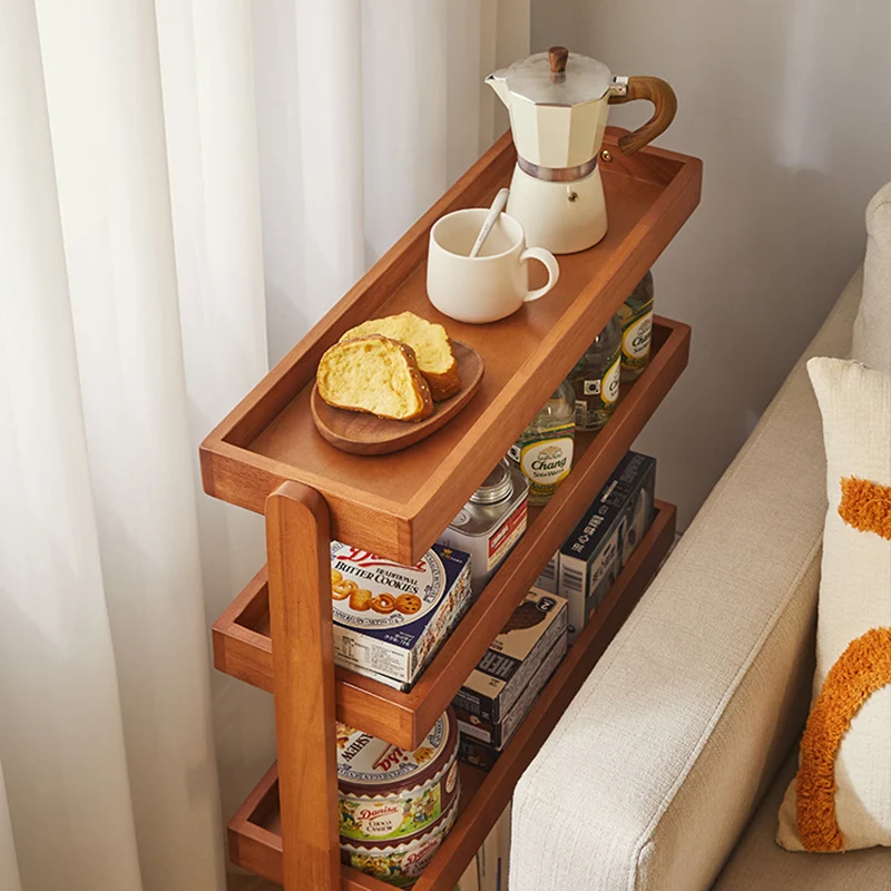Contemporary Retro Rubberwood Metal Rectangular Narrow Storage Shelf With Wheels 4-Tier For Living Room