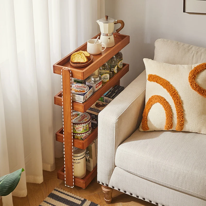 Contemporary Retro Rubberwood Metal Rectangular Narrow Storage Shelf With Wheels 4-Tier For Living Room