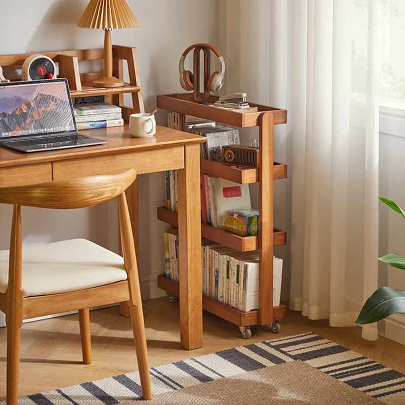 Contemporary Retro Rubberwood Metal Rectangular Narrow Storage Shelf With Wheels 4-Tier For Living Room