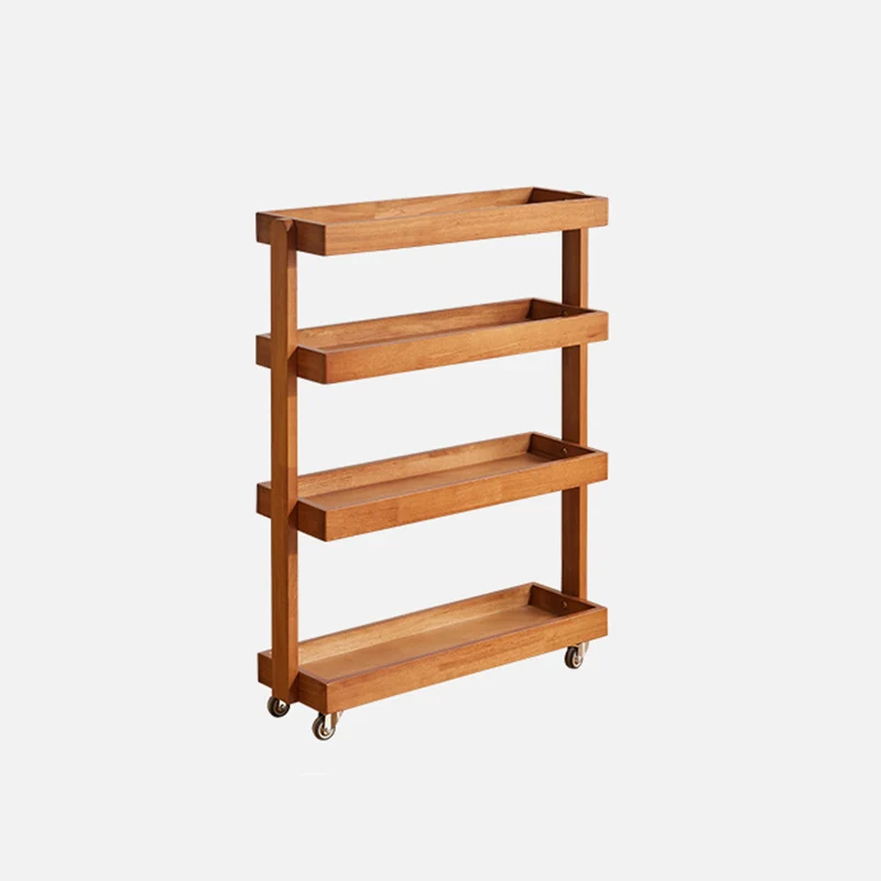 Contemporary Retro Rubberwood Metal Rectangular Narrow Storage Shelf With Wheels 4-Tier For Living Room