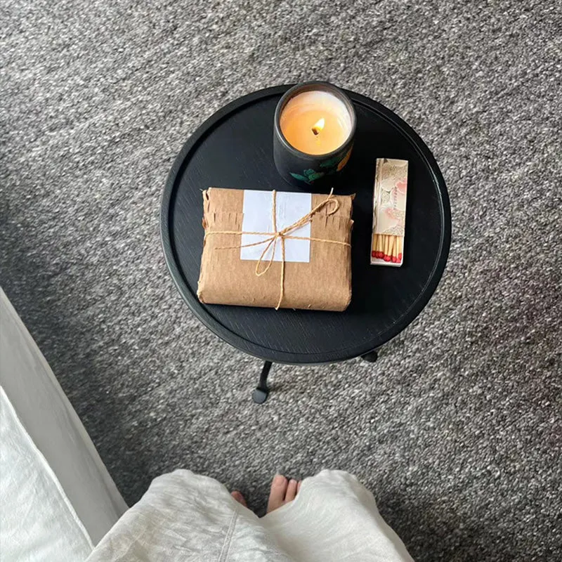 Contemporary Industrial Round Ash Wood Carbon Steel Lightweight End Table 1-Tier For Living Room