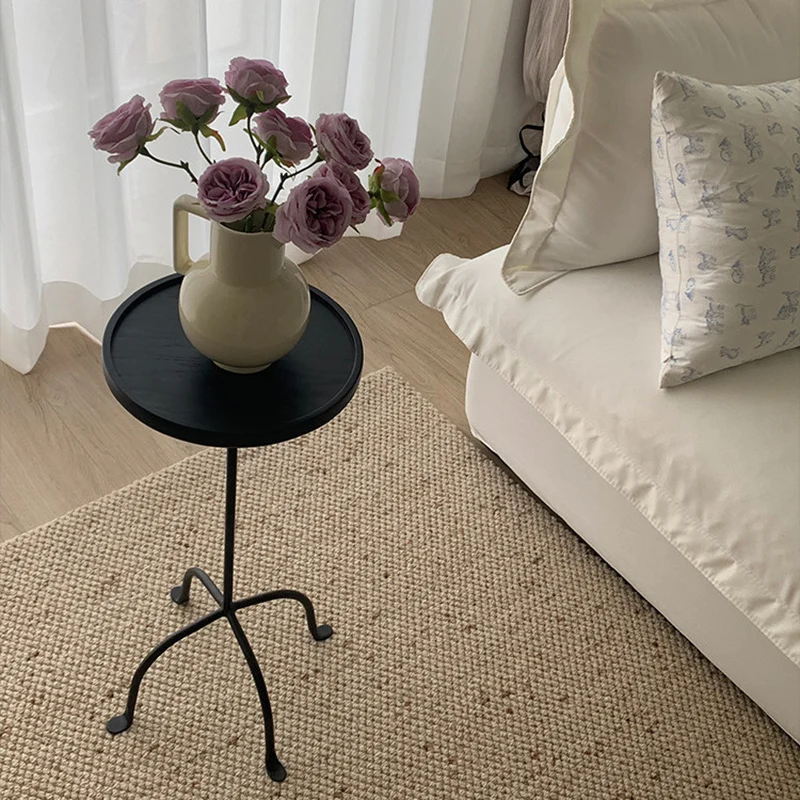 Contemporary Industrial Round Ash Wood Carbon Steel Lightweight End Table 1-Tier For Living Room