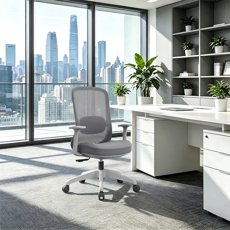 Modern Minimalist Gray Mid-Back Office Chair: Lumbar Support Design - Ergonomic Desk Chair For Home Office