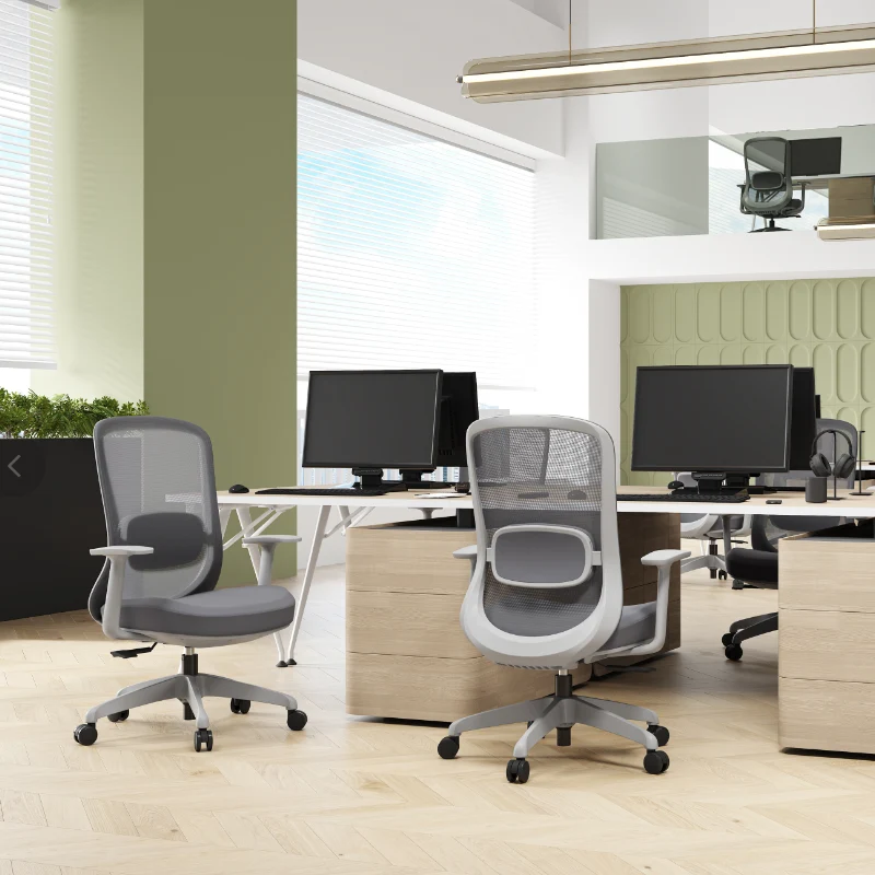 Modern Minimalist Gray Mid-Back Office Chair: Lumbar Support Design - Ergonomic Desk Chair For Home Office