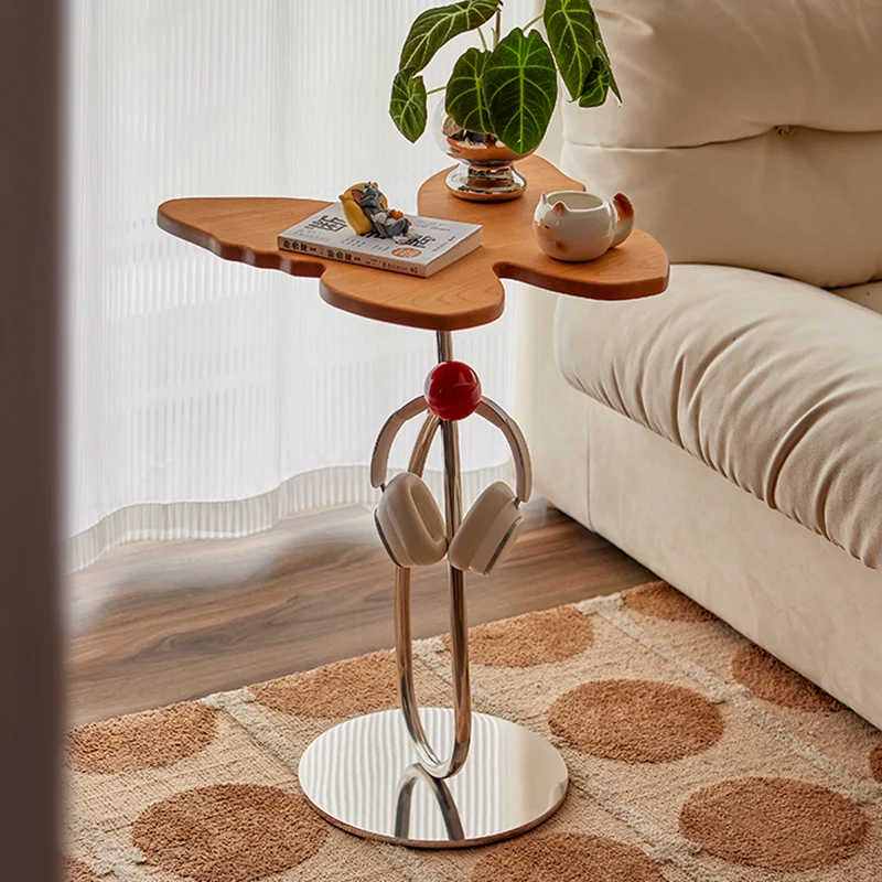 Modern Art Deco Butterfly Cherry Wood Stainless Steel End Table 1-Tier For Living Room