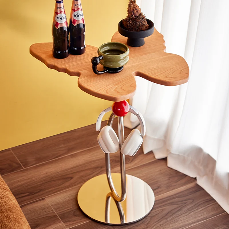 Modern Art Deco Butterfly Cherry Wood Stainless Steel End Table 1-Tier For Living Room