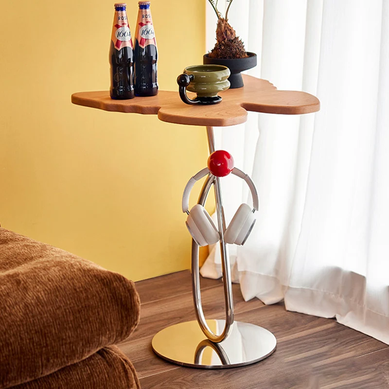 Modern Art Deco Butterfly Cherry Wood Stainless Steel End Table 1-Tier For Living Room