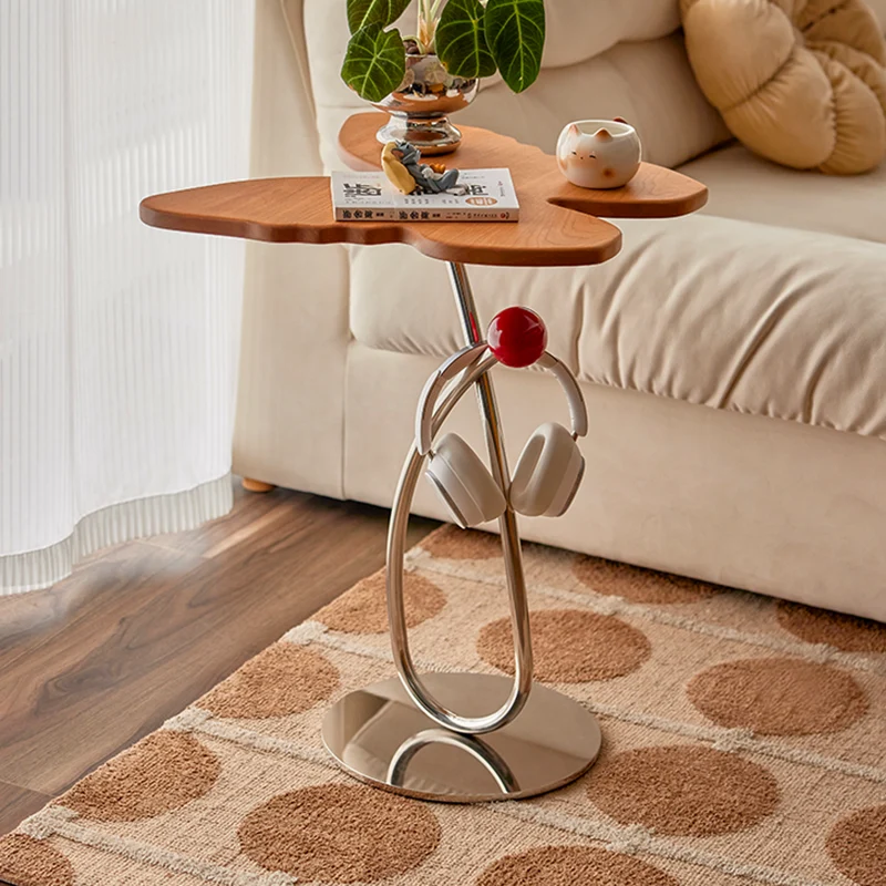 Modern Art Deco Butterfly Cherry Wood Stainless Steel End Table 1-Tier For Living Room