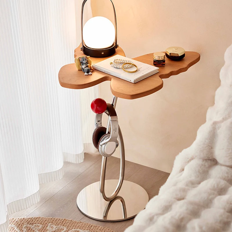 Modern Art Deco Butterfly Cherry Wood Stainless Steel End Table 1-Tier For Living Room