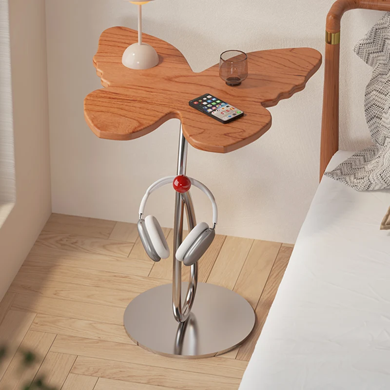 Modern Art Deco Butterfly Cherry Wood Stainless Steel End Table 1-Tier For Living Room