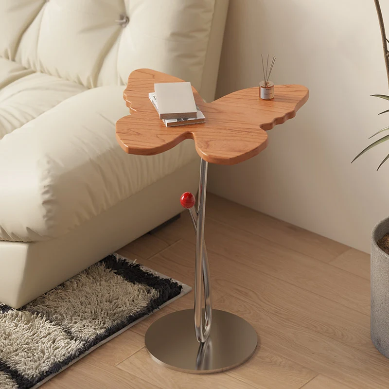 Modern Art Deco Butterfly Cherry Wood Stainless Steel End Table 1-Tier For Living Room