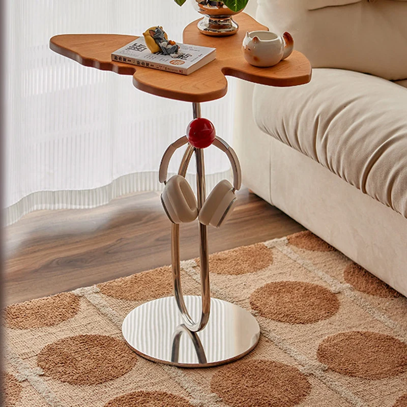 Modern Art Deco Butterfly Cherry Wood Stainless Steel End Table 1-Tier For Living Room