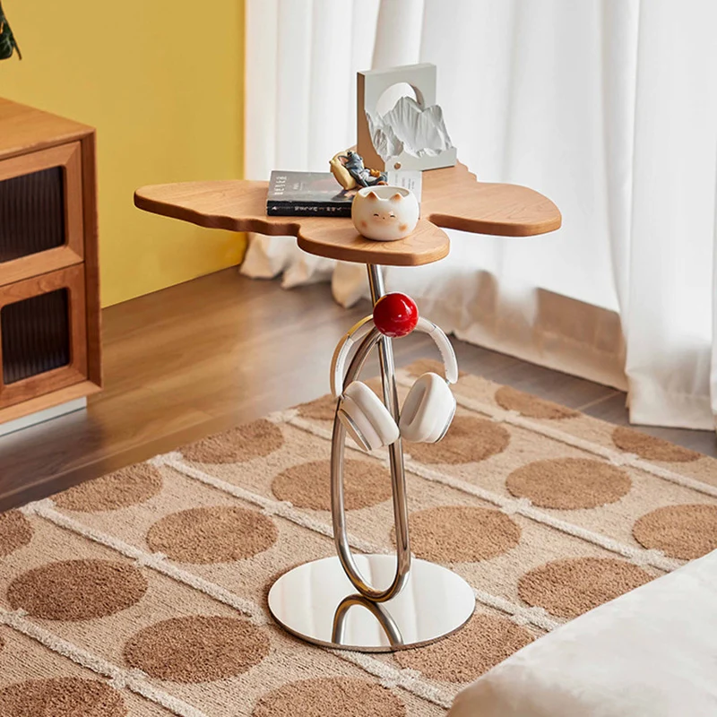 Modern Art Deco Butterfly Cherry Wood Stainless Steel End Table 1-Tier For Living Room