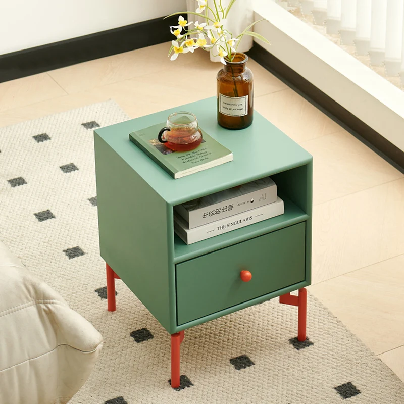 Contemporary Nordic Rectangular MDF Carbon Steel Nightstand With 1/2-Drawer For Bedroom