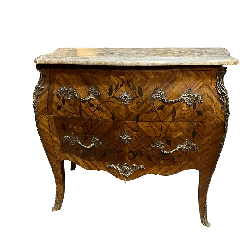 French bombé commode in the Louis XV style with yellow marble marquetry