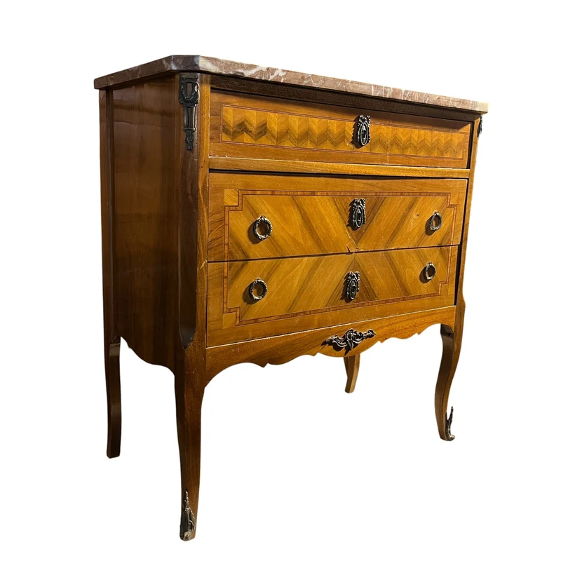 French chest of drawers in walnut and rosewood veneer, Transition style, red veined marble
