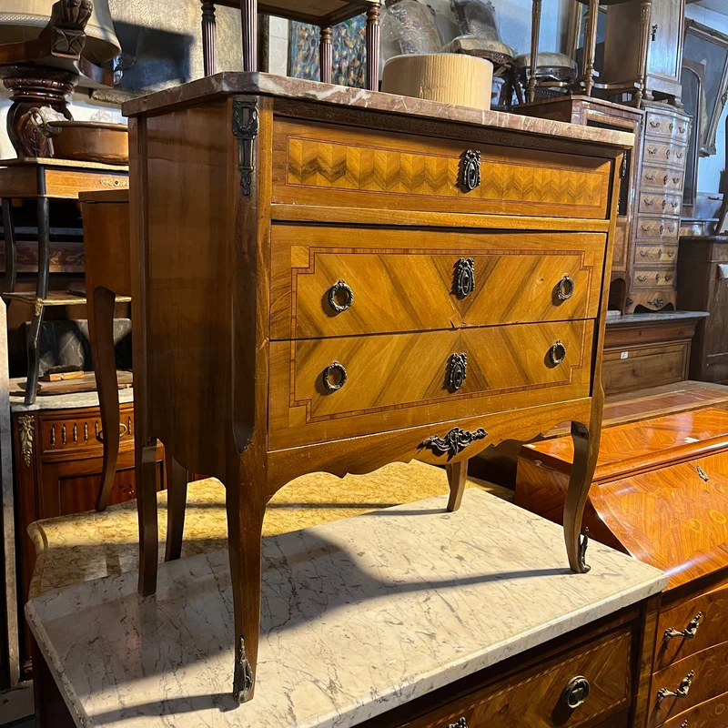 French chest of drawers in walnut and rosewood veneer, Transition style, red veined marble