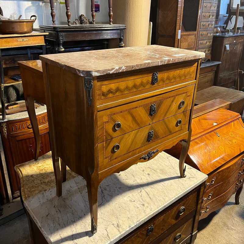 French chest of drawers in walnut and rosewood veneer, Transition style, red veined marble