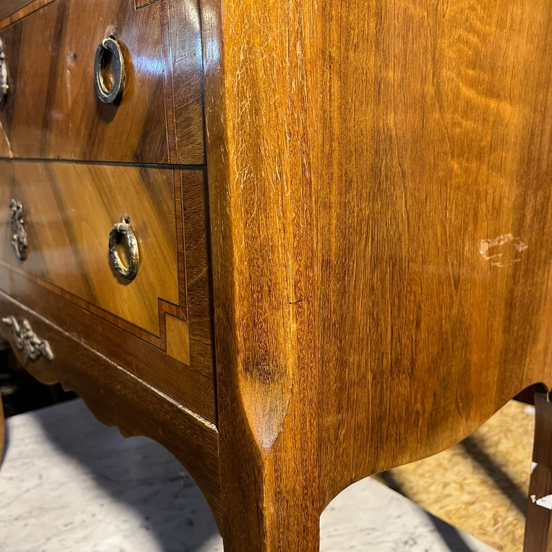 French chest of drawers in walnut and rosewood veneer, Transition style, red veined marble