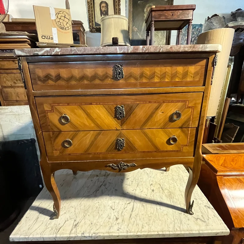 French chest of drawers in walnut and rosewood veneer, Transition style, red veined marble