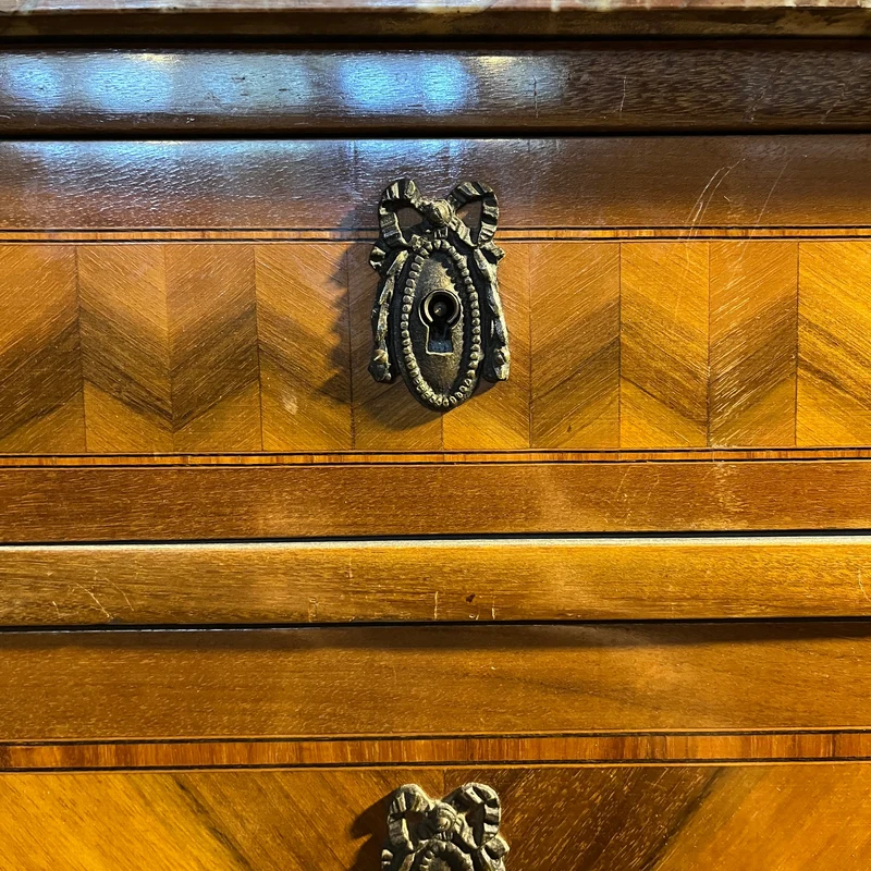 French chest of drawers in walnut and rosewood veneer, Transition style, red veined marble