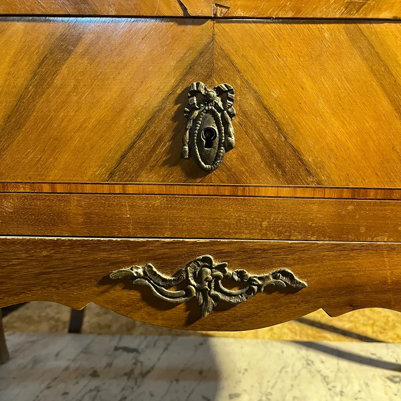 French chest of drawers in walnut and rosewood veneer, Transition style, red veined marble