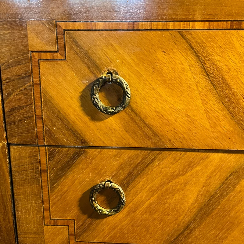 French chest of drawers in walnut and rosewood veneer, Transition style, red veined marble