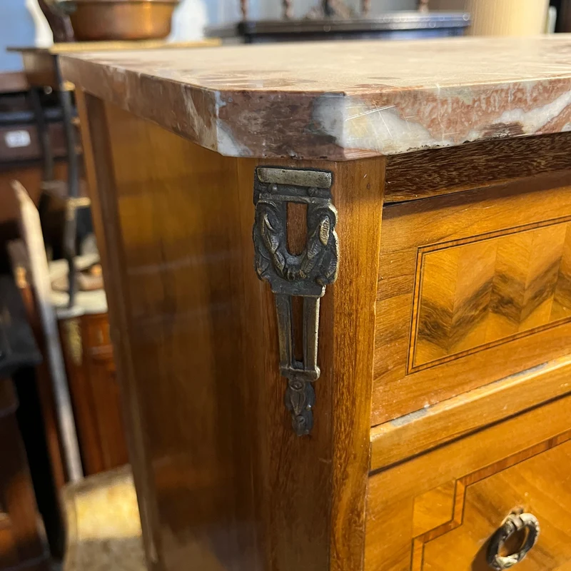 French chest of drawers in walnut and rosewood veneer, Transition style, red veined marble