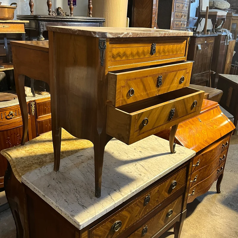 French chest of drawers in walnut and rosewood veneer, Transition style, red veined marble