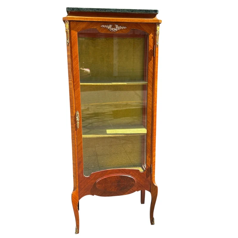 Louis XVI style veneered wood and marble-topped display case