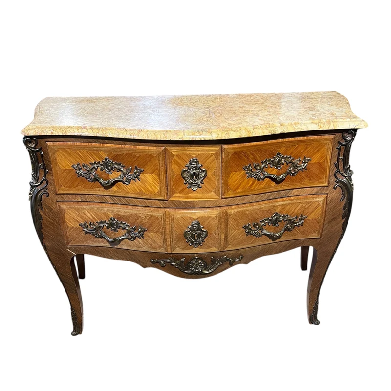 Louis XV commode, beige marble, bronze, and three drawers