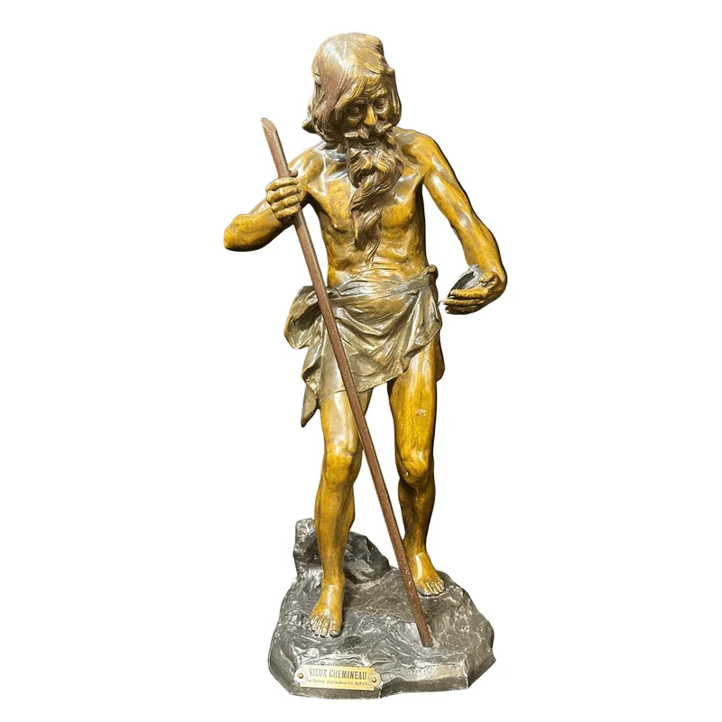 Pewter sculpture 'Le vieux chemineau' signed Jean Foretay