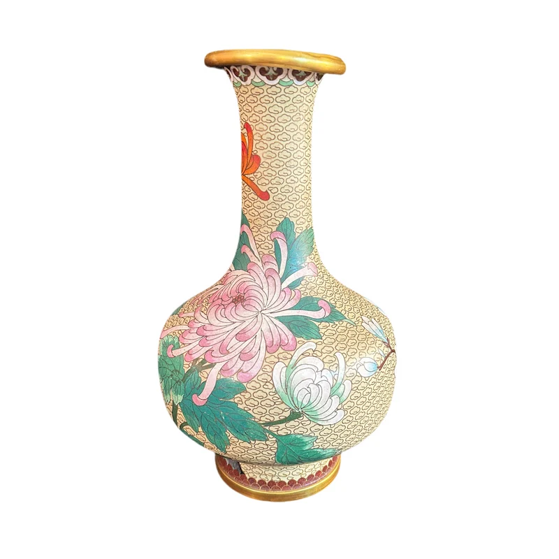 Chinese cloisonné vase in yellow enameled bronze with flowers