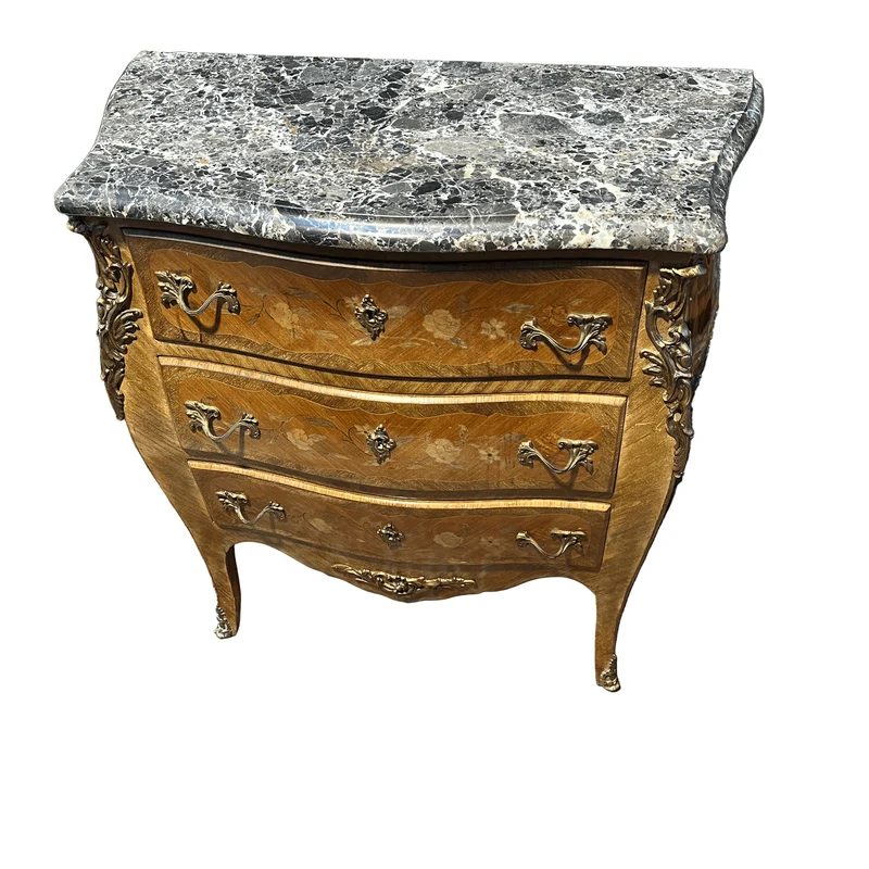 French Louis XV three-drawer chest of drawers covered in marble and floral marquetry