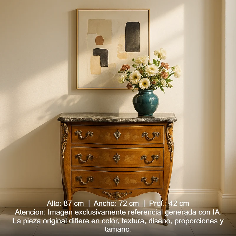 French Louis XV three-drawer chest of drawers covered in marble and floral marquetry